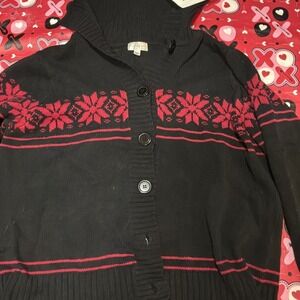 Womens Size 2xl Black/red Snowflakes By Studio Works Cardigan Sweater Isle Fair